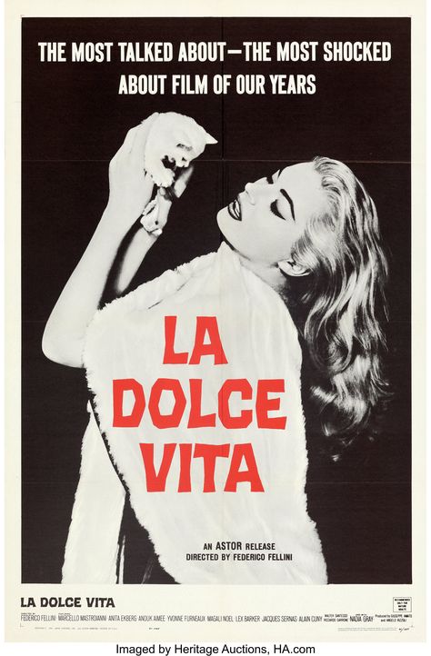 Astor 27” x 41” LA DOLCE VITA has been released and re-released many times since 1960. I am concentrating primarily on the re-release in US by AIP 1966. I have included other posters as well for history; with Marcello Mastroianni, Anita Ekberg, Anouk Aimée, Yvonne Furneaux, Alain Cuny, Annibale Ninchi, Magali Noël, Lex Barker;  Directed & written by Federico Fellini Brigitte Bardot Movies, Anouk Aimee, Anita Ekberg, Marcello Mastroianni, Classic Movie Posters, Foreign Film, Life Poster, Film History, Film Art