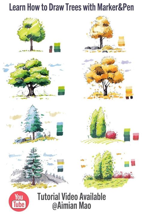 Trees Step By Step Drawing, Trees In Architecture Drawing, Different Trees Drawing, Landscape Trees Drawing, Drawing Trees With Markers, Tree Entourage Architecture, How Draw Tree, Tree Drawing Marker, Marker Tree Drawing