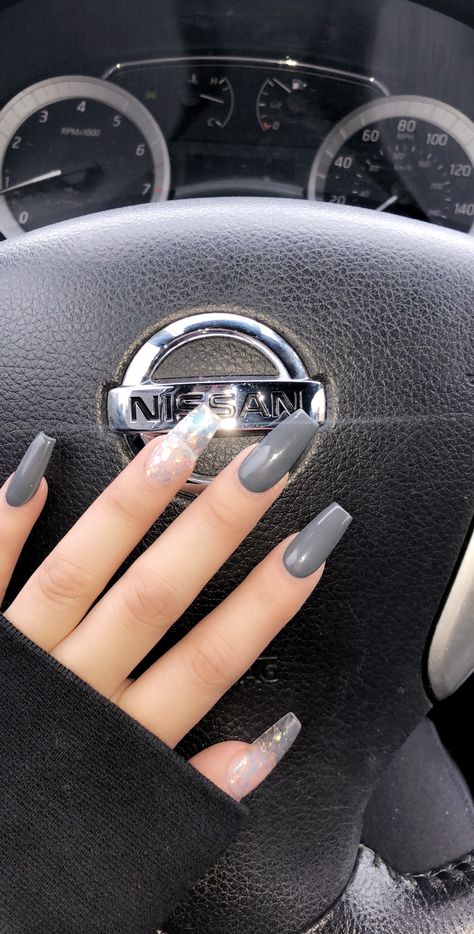 Trendy Grey Nails, Grey Nail Ideas Acrylic Almond, Grey Elegant Nails, Trendy Gray Nails, Grey French Tip Nails Square, Cute Grey Nail Designs, Matte Gray Nails Coffin, Short Nails Ideas Grey, Pretty Gray Nails