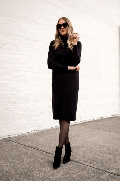 Fashion Jackson Wearing Ann Taylor Black Turtleneck Sweater Dress 1, black sweater dress, black dress with tights, black dress for work, chic work outfit, womens work outfit, womens holiday party outfit, holiday party outfit, Christmas party outfit, black booties outfit Turtle Neck Dress Outfit, Dress With Stockings Outfit, Black Sweater Dress Outfit, Dresses With Tights And Boots, Knitted Dress Outfit, Black Turtleneck Dress, Dress With Tights, Wedding Guest Outfit Winter, Black Boots Outfit