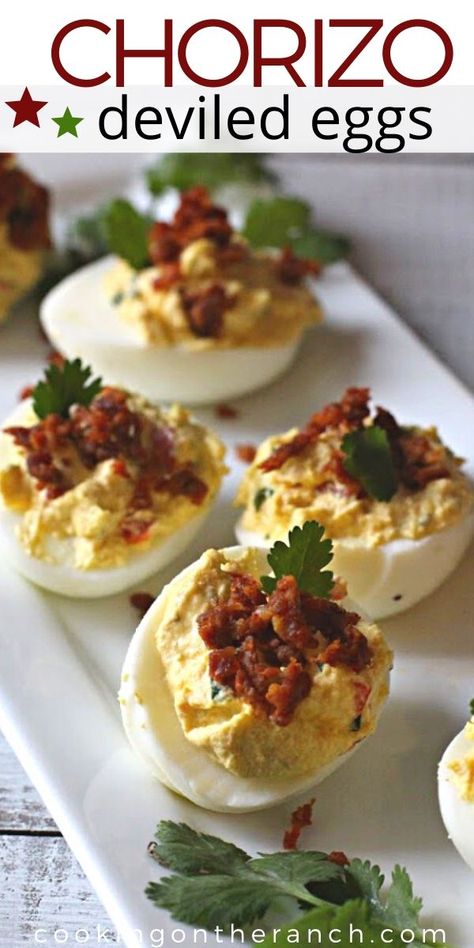 Mexican Deviled Eggs Recipe made with Dijon and Sherry Vinegar. A delicious combo for a very popular appetizer. Easy recipe and a spicy version of the Southern classic. Think fancy next time you're making deviled eggs, and give this loaded with flavor version a try for your next pot luck party. Perfect for Cinco de Mayo #easy #recipe #howtomake #chorizo #deviledeggs #mexicaneggs #appetizerideas #appetizerseasy #mexicanappetizer Spanish Deviled Eggs, Mexican Deviled Eggs Recipe, Delived Eggs, Mexican Deviled Eggs, Fancy Deviled Eggs, Creative Appetizers, Superbowl Ideas, Eggs Deviled, Egg Appetizer