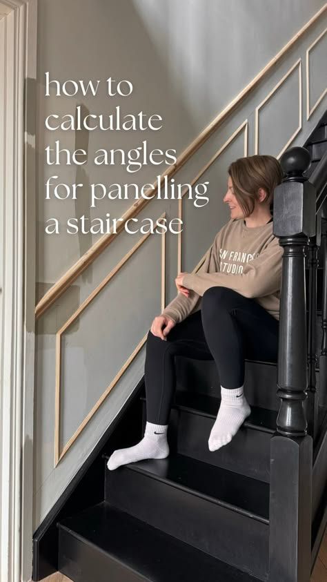 Georgina Raine | How to calculate the angles for panelling up your stairs 📐✏️ - I promise it’s really easy! • draw your panelling onto your wall (see… | Instagram Stairway Wall Treatments, Art Staircase Wall, Stairs With Wainscotting, Family Photo Staircase Wall, Panelling On Staircase, 2 Story Wall Paneling, Wainscoting Up Stairs, Stair Panelling With Handrail, Stairs Panelling Ideas