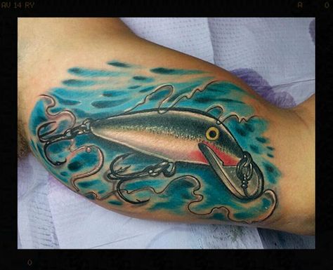 rapala lure tattoo Manly Design, Bass Tattoo, Fisherman Tattoo, Salmon Tattoo, Bass Fishing Tattoo, Fishing Tattoos, Cloud Tattoo Sleeve, Underwater Tattoo, Fishing Hook Tattoo