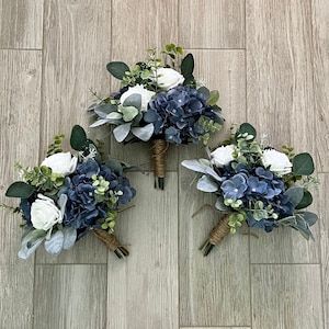 Boho Bridesmaid Bouquets Rustic Hydrangea Premium White Roses - Etsy Navy And Green Bouquet, Colorful Wedding Bouquet With Eucalyptus, Bridesmaid Bouquet Navy Blue, Sage And Navy Bouquet, Green And Blue Wedding Bouquets, Sage Green And Navy Blue Wedding Bouquets, Wedding Flowers Blue And Green, Sage Green And Navy Blue Wedding, Navy Blue And Sage Green Wedding