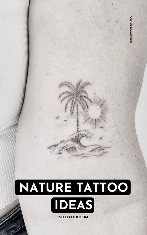 Sun Moon Palm Tree Tattoo, Sun Sea Palm Tree Tattoo, Black Beach Tattoo, Male Beach Tattoo, Palm Tree Waves Tattoo, Palm Tree And Waves Tattoo, Sun Over Ocean Tattoo, Sun Wave Palm Tree Tattoo, Beach Moon Tattoo