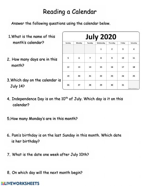 Reading a Calendar worksheet Calendar Worksheets First Grade, Time And Calendar Worksheet Class 2, Worksheet On Time For Grade 2, Calendar Worksheet For Grade 1, Calendar Worksheets 2nd Grade, Time Worksheets For Grade 1, 1st Grade Calendar, Math Worksheets For Grade 1, Calendar Questions