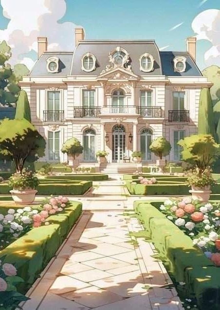 Anime Houses Background, Mansion Drawing Reference, Kiramman House, Artitecture House, Anime Mansion House, Mansion Fantasy Art, Fantasy Mansion Art, Kids Garden Party Ideas, Anime Mansion