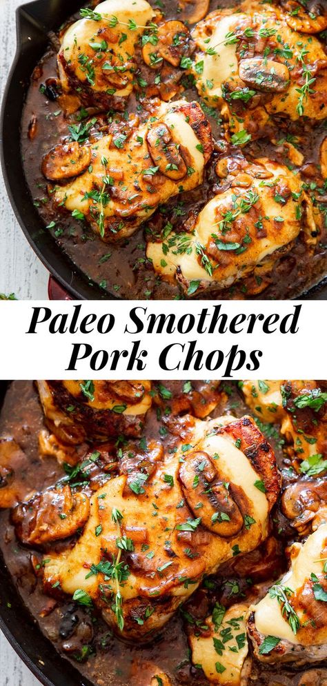 Paleo Pork Chop Recipes, French Onion Smothered Pork Chops, Onion Smothered Pork Chops, Dairy Free Cheese Sauce, Paleo Pork Chops, Fwtfl Recipes, Paleo Pork Recipes, Hosting Recipes, Bike Workouts