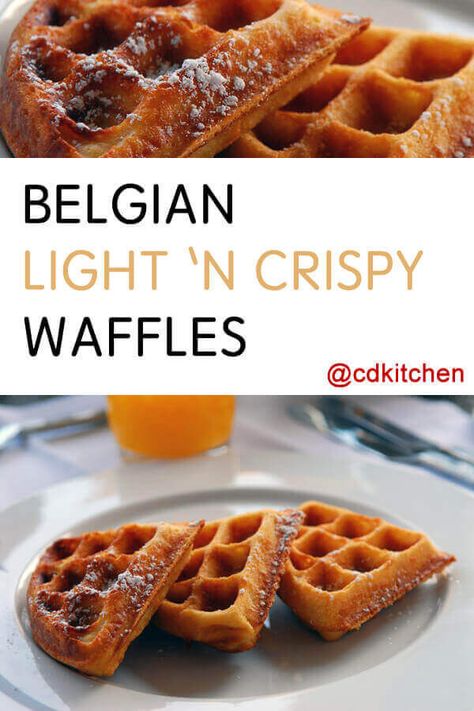 Belgian Light 'n Crispy Waffles - Light and crispy, just the way Belgian waffles should be! Serve them with your favorite toppings or try one of the included variations (we're partial to the blueberry version!). If you don't have a Belgian waffle maker you can use a regular one, just adjust the cooking time as needed. | CDKitchen.com Belgium Waffle Recipe, Best Belgian Waffle Recipe, Crispy Waffles, Make Waffles, Belgian Waffles Recipe, Waffle Iron Recipes, Belgium Waffles, Waffle Maker Recipes, How To Make Waffles