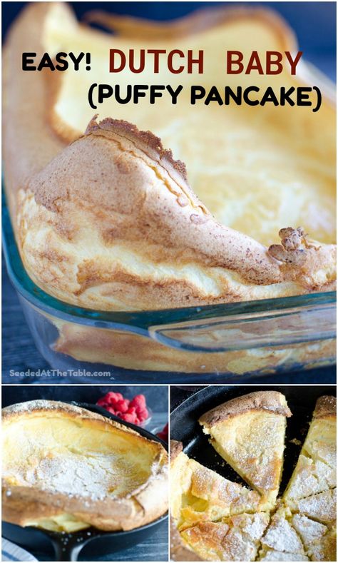 Dutch Baby is a hybrid of a pancake, a popover, and a crepe baked in the oven until puffy. Sometimes called a German Pancake, the batter includes milk, flour, eggs, sugar and butter. Requires just 5 minutes of prep. Cut into slices to feed your family an easy delicious breakfast! Puffy Pancake, German Oven Pancake, Dutch Baby Pancake Recipe, Dutch Babies, Baby Recipe, Dutch Baby Recipe, Oven Pancakes, Dutch Pancakes, Baby Pancakes