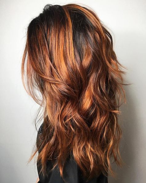 Long Layered Hairstyle with Copper Balayage Wavy Long Haircut Layered Hairstyles, Shag Hairstyles Long Fine Hair, Shaggy Long Hair Choppy Layers With Bangs, Long Hair Shaggy Layers, Long Shag Haircut Choppy Layers, Long Hair 2023, Long Shag Hairstyles, Modern Shag Haircut, Modern Shag