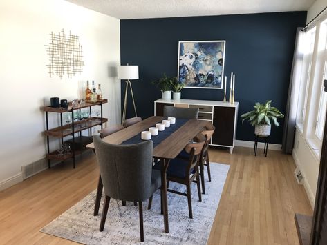 Blue Accent Wall In Dining Room, Grey And Navy Dining Room, Navy Kitchen And Dining, Navy Feature Wall Dining Room, Dining Room Decor Blue Walls, Dark Navy Dining Room Walls, Black And Navy Dining Room, Gray And Navy Dining Room, Dark Blue Wall Dining Room