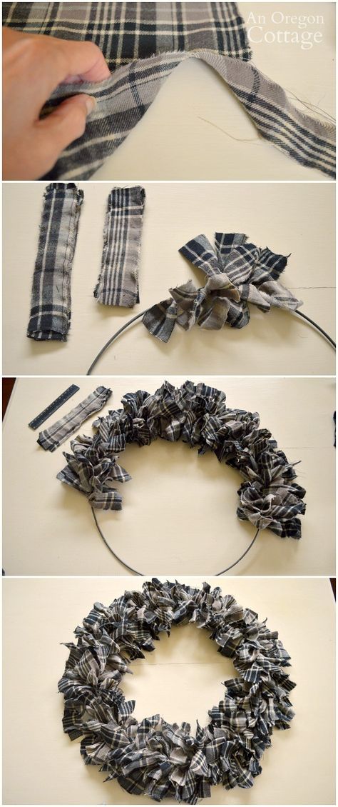 Making diy fall plaid wreath Flannel Shirt Wreath Diy, How To Make Socks, Rag Wreaths, Diy Halloween Dekoration, Mops Crafts, Plaid Wreath, Small Crafts, Homemade Wreaths, Easy Diy Wreaths