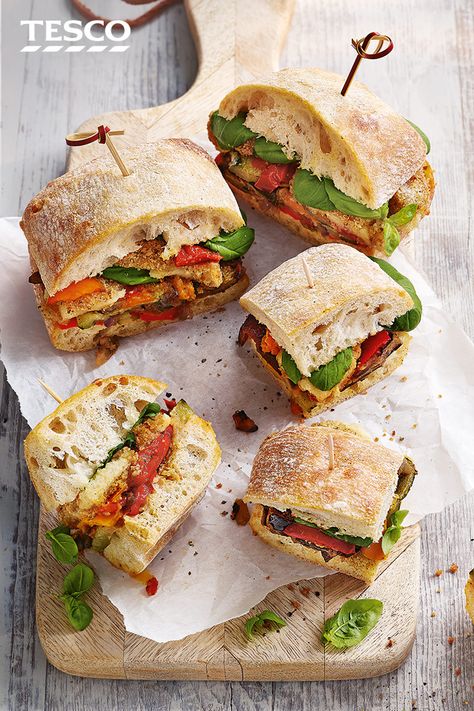 Rustle up a tasty snack straight from the freezer with these easy ciabatta sandwich bites. Just bake frozen roasted veg and mozzarella sticks to make a tasty Mediterranean-style filling for crusty ciabatta rolls. | Tesco Ciabatta Bread Ideas, Mediterranean Sandwich, Ciabatta Sandwich, Tuna Sandwich Recipes, Ultimate Sandwich, Vegetarian Sandwich Recipes, Bread Ideas, Tesco Real Food, Recipe Vegetarian