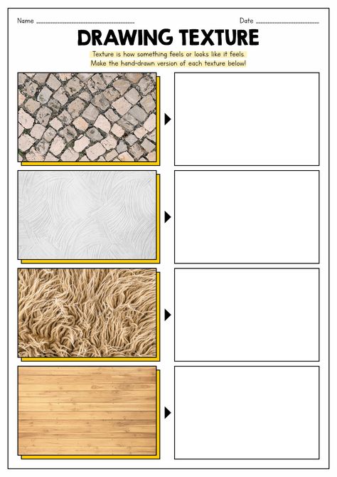 Drawing Texture Worksheet Drawing Texture Worksheet, Texture Worksheet, Draw Texture, Drawing Texture, Drawing Worksheets, High School Art Projects, Middle School Art Projects, Art Lessons Middle School, Texture Drawing