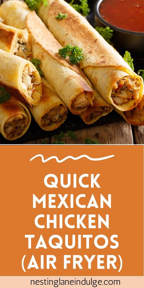 This Quick Mexican Chicken Taquitos recipe is easy to make and perfect for a tasty snack or meal. Cooked in an air fryer for a crispy finish! Mexican Chicken Taquitos, Chicken Taquitos Air Fryer, Taquitos Air Fryer, Slow Cooker Chicken Dishes, Flavorful Chicken Breast Recipes, Chicken Taquitos Recipe, Taquitos Recipe, Easy To Make Snacks, Chicken Taco Recipes