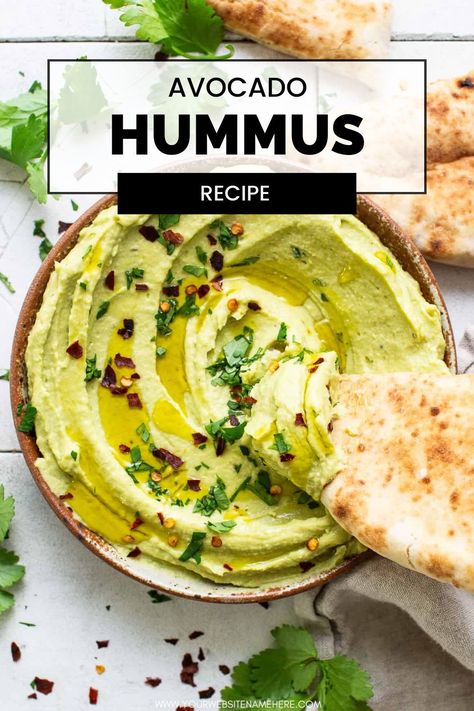 Creamy and rich avocado hummus is the perfect snack or dip. Made with ripe avocados, chickpeas, tahini, spices, and a splash of lime juice, this recipe is like hummus and guacamole all in one! Avacodo Hummus, Mediterranean Board, Pistachio Hummus, Avocado Hummus Recipe, Avocado Dressing Recipe, Avocado Pizza, Lentil Hummus, Avocado Dip Recipe, Hummus Recipes