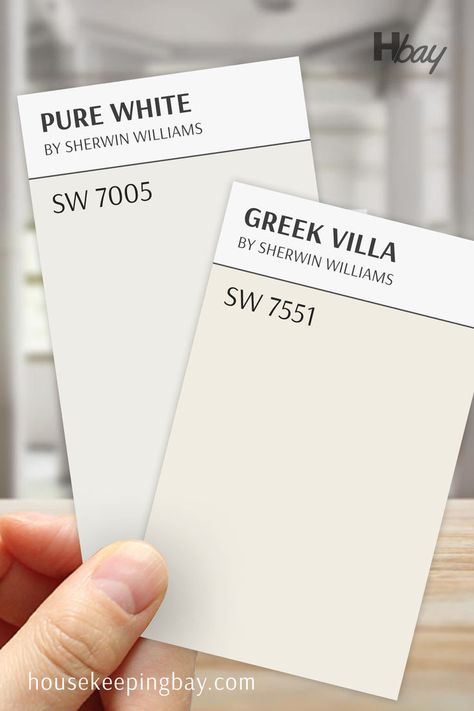 Comparison between Sherwin Williams Pure White SW 7005 and Greek Villa SW 7551. Pure White is a cooler, crisper white, while Greek Villa adds warmth with creamy undertones, making it perfect for cozy interiors. Creamy Vs Greek Villa, Greek Villa Walls Pure White Trim, Greek Vanilla Sherwin Williams, Sw Greek Villa Walls, Greek Villa Walls, Sw Greek Villa, Sherwin Williams Greek Villa, Sherwin Williams Pure White, Greek Villa Sherwin Williams