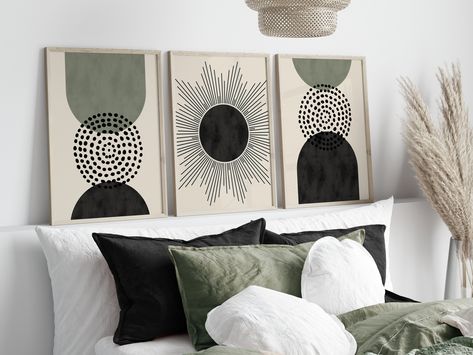 Black White Green Boho Living Room, Sage Green And Black Boho Bedroom, Canvas Painting Set Of 3 Diy, Black And Sage Living Room Ideas, Sage Green Black And Beige Bedroom, Cream Black Green Bedroom, Black White And Green Decor, Sage Green Salon Decor, Sage Green Black And White Bedroom