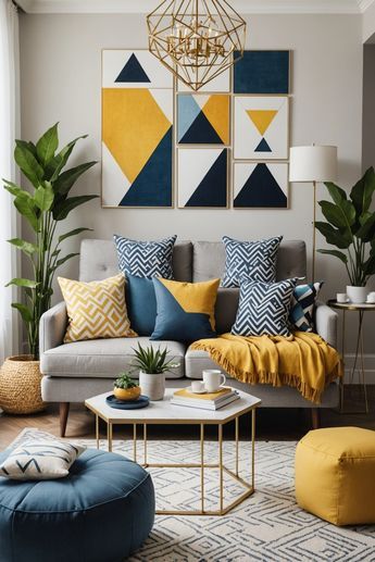 Blue Green Yellow Grey Living Room, Grey Yellow Blue Living Room, Modern Decor With Color, Navy Blue Living Room Decor Ideas, Navy Gold Living Room, Blue And Yellow Interior, Yellow And Blue Living Room, Blue Yellow Living Room, Blue And Mustard Living Room