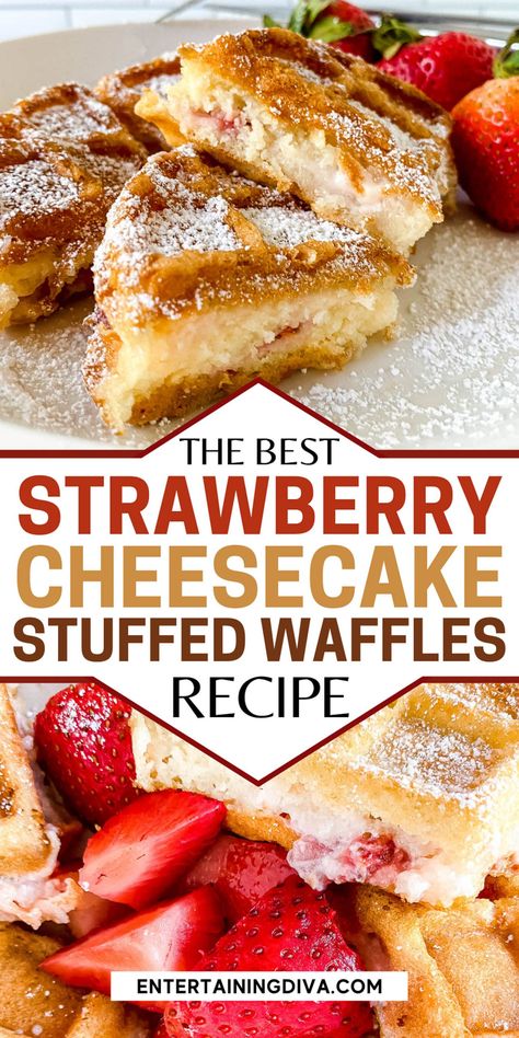 Made with strawberries and cream cheese, this strawberry cheesecake stuffed waffles recipe is delicious! It's perfect for a special occasion breakfast or brunch and is easier to make than it looks. Fancy Waffle Recipes, Stuffed Waffles Recipe, Best Strawberry Cheesecake, Strawberries And Cream Cheese, Stuffed Waffles, Stuffed Waffle, Entertaining Desserts, Brunch Celebration, Waffle Iron Recipes