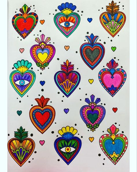 Milagros Heart Mexican Folk Art, Mexican Heart Painting, Sacred Heart With Eye, Mexican Paintings Ideas, Folk Art Heart, Mexican Folk Art Decor, Mexican Folk Art Painting, Sacred Heart Art, Wrist Tattoo Designs