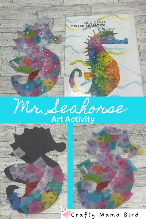 Easy Mr. Seahorse art activity {free template} Ocean Scene Craft, Mr Seahorse Activities, Seahorse Art Preschool, Mister Seahorse Activities Preschool, Seahorse Template Free Printable, Seahorse Craft Preschool, Sea Animal Activities, Seahorse Craft, Fish Crafts Preschool