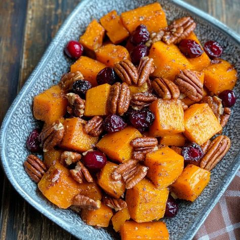 Roasted Butternut Squash with Cranberries and Pecans Roasting Frozen Butternut Squash, Roasted Butternut Squash Recipes, Seasoning For Butternut Squash, Oven Roasted Butternut Squash, Butternut Squash Recipes Roasted, Butternut Squash Cinnamon, Frozen Butternut Squash, Winter Squash Recipes, Butternut Squash Cubes