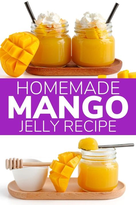 This easy mango jelly recipe (aka homemade mango jello) is a delicious and healthy make ahead dessert or snack. Made from four simple ingredients (including real mango!) and takes just 15 minutes to prep. The hardest part is waiting for it to set so you can dig into this jiggly goodness! | www.mapleandmango.com Mango Jelly Recipe, Mango Jello, Jelly Homemade, Mango Jelly, Mango Dessert Recipes, Mango Dessert, Jelly Recipe, Mango Chunks, Make Ahead Desserts