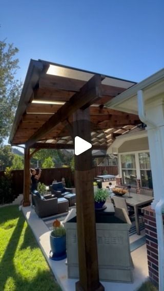 Cover Your Pergola on Instagram: "SkyPoly Pergola Complete in McKinney, Tx. 8x8 posts. 4x12 headers. 4x8 hip transition beam. 2x8 joists and 2x4 purlins. SkyPoly roof. SkyLift Roof Risers for the roof tie! 

DM us or TEXT ME 972-342-1645 to quote! 

#pergola #patiocover #pergoladesign #patioideas #backyardideas" Gable Roof Pergola Attached To House, Covered Pergola Attached To House, Gable Roof Pergola, Skypoly Pergola, Pergola Attached To House, Covered Pergola, Gable Roof, Pergola Designs, The Roof