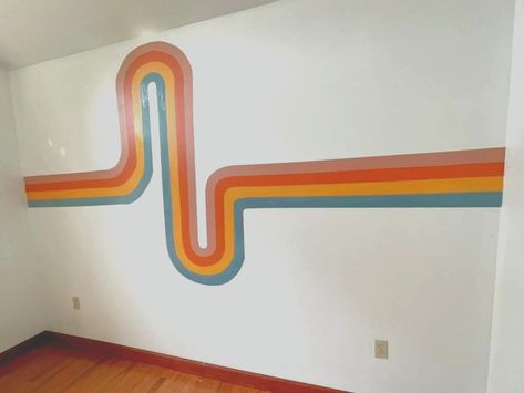 70s Inspired Wall Paint, Neon Sign Wall Ideas, 70s Bedroom Wall Paint, 1970s Wall Mural, 70s Wall Stripes, 70s Stripe Wall Mural, 70s Wall Painting Ideas, 70s Wall Design, 70s Painted Wall