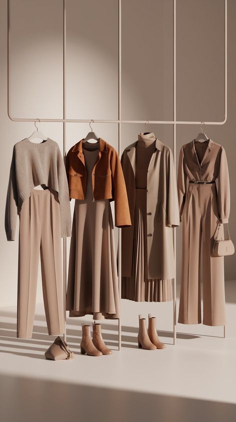 neutral-toned outfit collection, featuring beige, tan, and brown shades. From left to right: 1. A cozy light grey sweater paired with high-waisted beige trousers. 2. A tan cropped jacket layered over a beige dress. 3. A beige turtleneck sweater and a long trench coat with a pleated skirt. 4. A beige buttoned jumpsuit with a matching belt. Each outfit is completed with beige boots and small bags, creating a cohesive, elegant look in warm neutral colors. Neutral Trousers, Beige Turtleneck, Outfit Collection, Beige Boots, Light Grey Sweater, Trouser Outfit, Beige Outfit, Beige Dress, Travel Outfit Summer