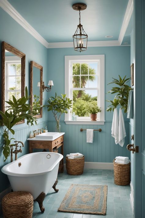 20 Stunning Mediterranean Bathroom Designs – ToolzView Periwinkle Bathroom Ideas, Greece Inspired Bathroom, Bathroom Ideas Mediterranean, Greek Inspired Bathroom, Greek Bathroom Decor, Turquoise Bathroom Ideas, Coastal Homes Interior, Small Bathroom With Shower Only, Powder Blue Bathroom