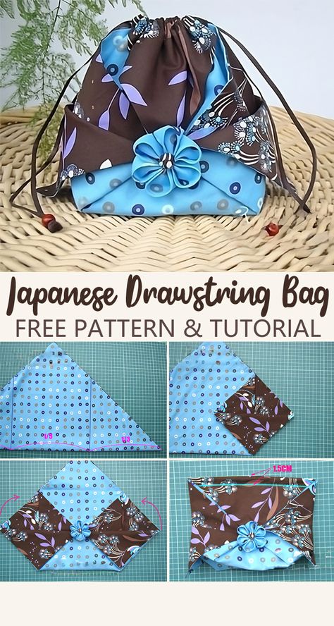 Tutorial: Japanese Drawstring Bag Japanese Patchwork Bags, Japanese Drawstring Bag, Silk Bag Diy, Japanese Bags To Sew, Japanese Rice Bag Pattern Free, Japanese Bag Pattern, Diy Rice Bags, Rolled Fabric Flowers, Drawstring Bag Tutorials