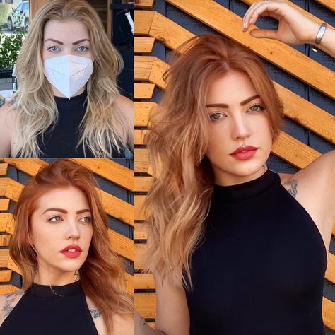 Blonde Hair To Auburn Hair Before And After, Copper Red To Blonde Balayage, Transition From Blonde To Red Hair, Copper Tones In Blonde Hair, Copper Blonde Bayalage, Blonde To Cooper Hair, Copper Blonde With Dark Roots, Adding Red To Blonde Hair, Before And After Copper Hair