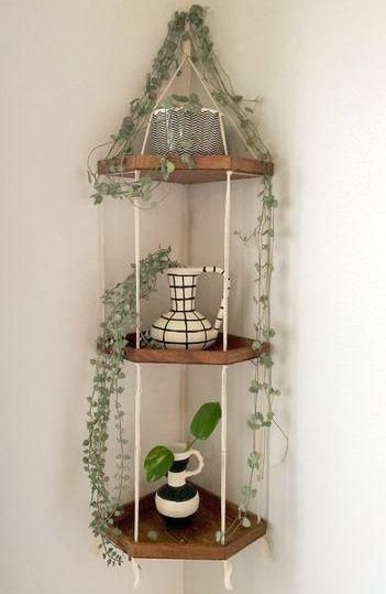 Corner Plant Shelf, Shelf Minimalist, Shelf Macrame, Corner Shelf Ideas, Bathroom Gold, Hanging Plants Diy, Macrame Shelf, Shelf Hanging, Shelf Floating