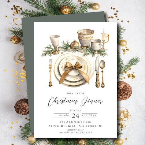 Festive Elegance Christmas Dinner Invitation Christmas Dinner Images, Christmas Invitations Ideas, Christmas Dinner Invitations, Elegant Christmas Dinner, Dinner Place, Christmas Cocktail Party, Dinner Places, Christmas Cocktail, Green Garland