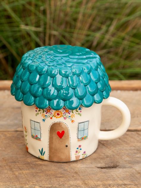 Lidded Mug - Cottage Lid Ceramic, Cute Cottage, Gift Business, Mug With Lid, Hand Molding, Little Cottage, Natural Life, Cozy Cottage, Pottery Painting