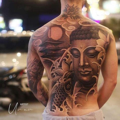 Featuring: Full Back Buddha Tattoo Idea from Celebrity Ink™ Tattoo Phuket Studio. 

Do you want to be reminded of your beliefs and devotions every day? Having symbols tattooed on our bodies remind us to keep going with our lives and do the right thing all the time. In this featured tattoo idea, we can see a full back tattooed with the Buddhism elements. It includes the image of Buddha, fish, water, and temple. It has incredible shading and outline, and it is simply stunning. 

#BuddhaTattoo Buddha Tattoo Back, Buddha Back Tattoo, Tattoo Back Piece, Laughing Buddha Tattoo, Buddhism Tattoo, Backpiece Tattoo, Cool Back Tattoos, Buddha Tattoo Design, Buddha Tattoos