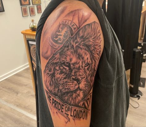 Chelsea fc, Pride of London, lion Chelsea Lion Tattoo, Chelsea Tattoo Ideas, Chelsea Fc Tattoo, Chelsea Tattoo, Lion Tattoo Sleeves, Tattoo Sleeves, The Pride, Lion Tattoo, Tattoo Placement