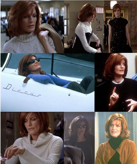 Rene Russo - Thomas Crown Affair: hair, wardrobe, everything - if you watch the movie carefully, you see she has a set palette of colors - spice browns, caramel tones, ivory, & black, plus a few accent colors - and clean shapes with no fussy details, everything in scale. Pulled together elegance but easy not stiff. Amazing Wardrobes, Renee Russo, The Thomas Crown Affair, Hook Line And Sinker, Crown Affair, Rene Russo, Thomas Crown Affair, Fun Clothing, Pierce Brosnan