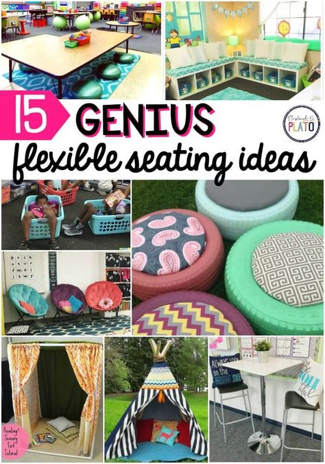 15 genius Flexible Seating Ideas! Awesome inspiration for the flexible seating classrooms when teachers go back to school in the fall! Flexible Seating Ideas, Classroom Seating Arrangements, Library Seating, Flexible Seating Classroom, Classroom Arrangement, Alternative Seating, Diy Seating, Classroom Seating, Seating Ideas