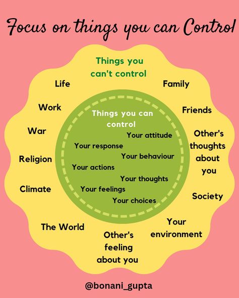 In stressful situations, we try to control our environment, other people or the things around us that are not in our control to handle the stress. But, it won't help because we can't change what we can't control. Instead, focus on what you can control. Handling Stressful Situations, How To Handle Stressful Situations, What You Can Control, Things You Can Control, Sauce Quotes, What Can I Control, Self Control Quotes, Circle Of Control, Control Quotes