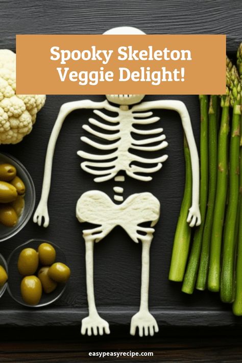 Skeleton veggie tray arranged with cauliflower, green olives, white vegetable slices, and asparagus spears on a dark serving board. Skeleton Veggie Tray, School Cookies Recipe, Easy Zucchini Recipes, Deviled Eggs Easy, Family Snacks, Pot Recipes Healthy, Easy Peasy Recipes, Halloween Party Snacks, Festive Food