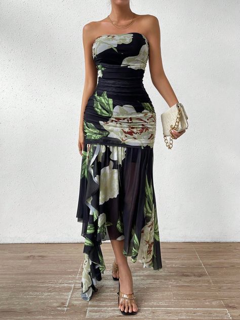 SHEIN BAE Floral Print Ruched Ruffle Hem Tube DressI discovered amazing products on SHEIN.com, come check them out! Download Gospel Music, Staff Party, Long Midi, Vestidos Vintage, Gospel Music, Shirt Dresses, Ever After High, Mermaid Dress, Mother Of The Groom