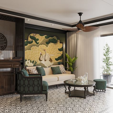 Living room - Indochine style on Behance Indochine Bedroom, Colonial Style Interior, Duplex Villa, Indochine Interior, Condominium Interior, Resort Interior Design, Chinese Style Interior, China House, Indochine Style