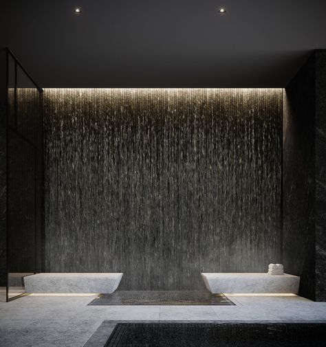 Water Interior Design Concept, Waterfall Interior Design, Interior Water Feature, Indoor Waterfall Wall, Spa Waterfall, Bathroom Dark, Water Feature Wall, Spa Interior Design, Spa Lighting