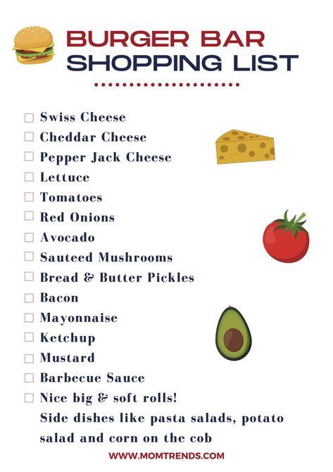 Free printable burger bar shopping list. #partyidea #party #burgerbar #summerfun Burger Bar Toppings List, Cheeseburger Bar Party, Burger Birthday Party Ideas, Burger Bar Wedding Receptions, Hamburger Party Ideas Summer Burger Bar, Hamburger Bar Ideas Birthday Parties, Burger Bar Party Food Stations, Hamburger Party Bar Food Ideas, Hamburgers And Hotdogs Party Food Ideas