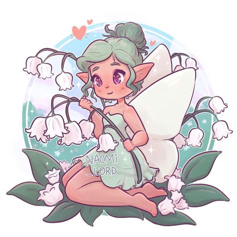 Naomi Lord on Instagram: “✨🌸 Fun fact May’s birth month flower is the Lily of the Valley!! so here’s my May fairy! 🌸✨ Do you have a favourite type of flower? 😄💕 •…” Lily Of The Valley Character Design, Lily Of The Valley Cartoon, Lily Of The Valley Drawing, Lily Of The Valley Fairy, Naomi Lord Art, Naomi Lord, Kawaii Pictures, Lily Valley, Flower People