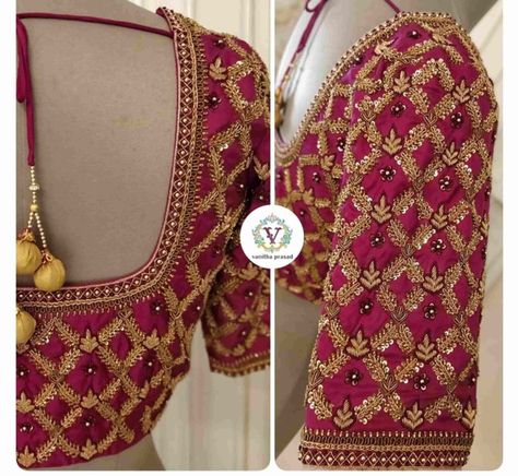 Stunning Aari Work Blouse Designs 2020 For Silk Sarees! Heavy Blouse Designs, Aari Work Blouse Wedding Simple, Blouse Aari Work Designs, Aari Work Blouse Wedding, Blouse Designs For Silk Sarees, Aari Work Blouse Designs, Vibrant Fabric, Work Blouse Designs, Jump Suits